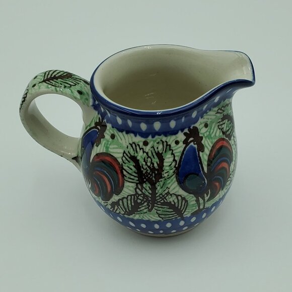 Polish Pottery Rooster Row Creamer Unikat Small Blue & Green Rooster Creamer - Picture 2 of 8